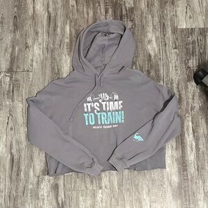 Gray Cropped Hoodie with Blue Text